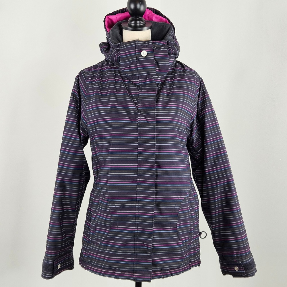 Roxy Ski Jacket Women Medium Black Pink Striped 5K Silver Hooded Insulated